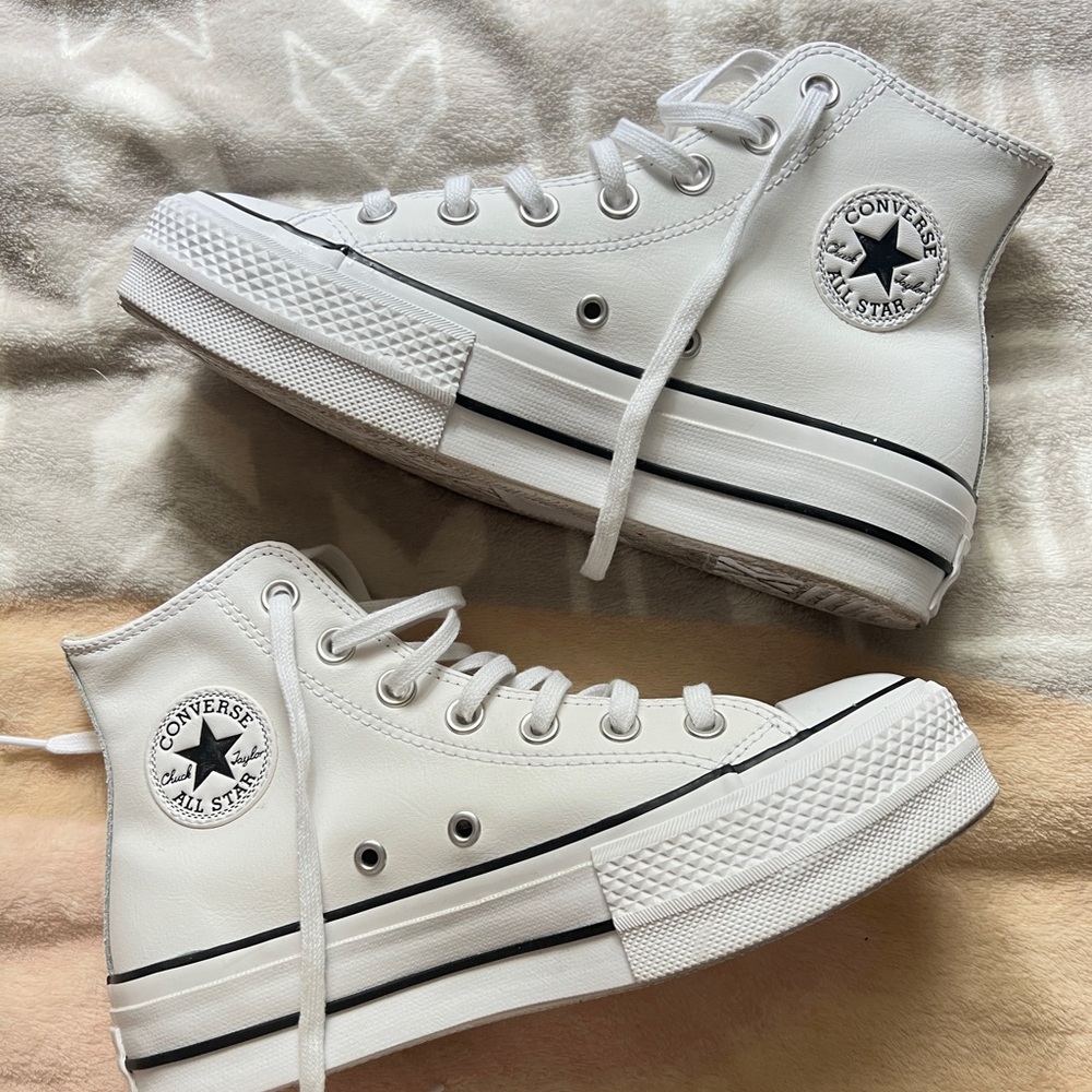 White Leather Converse High-Top Platform Sneakers